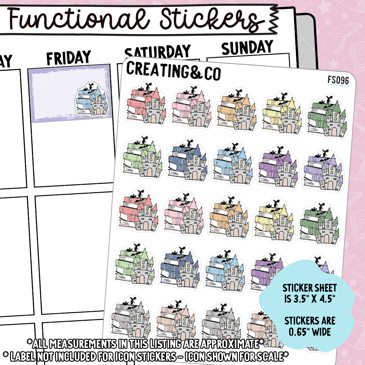 Fantasy Castle Book Stack Icon Functional Stickers - FS096