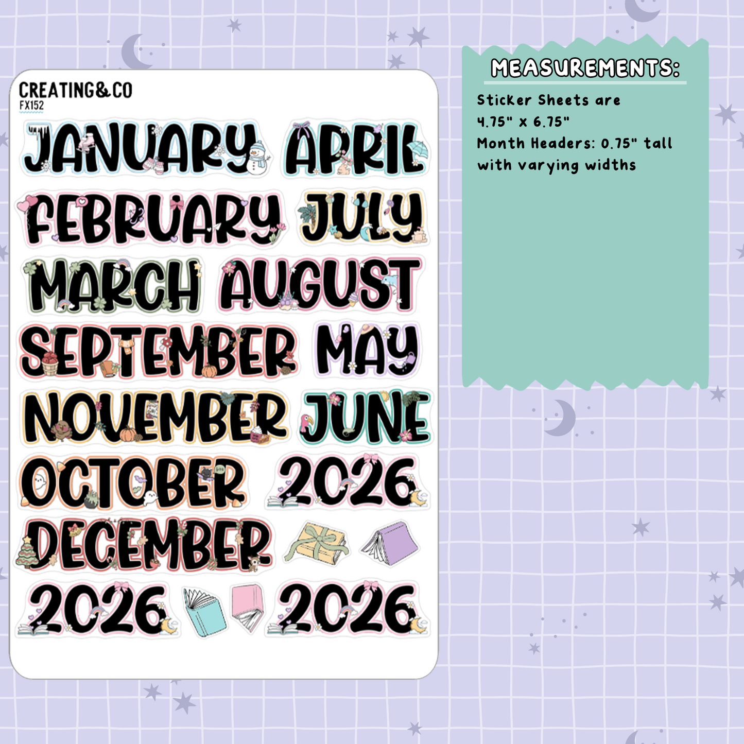 2026 Monthly Headers Functional Sticker Sheet - FX152