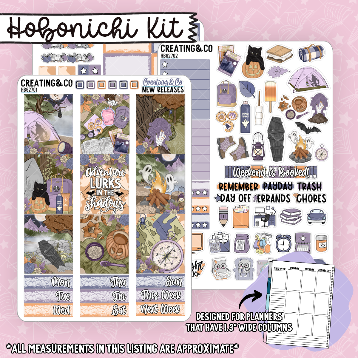 Shadow Adventure Spooky Camping Hobonichi Cousin Weekly Planner Kit - 1.3" Stickers - HB627