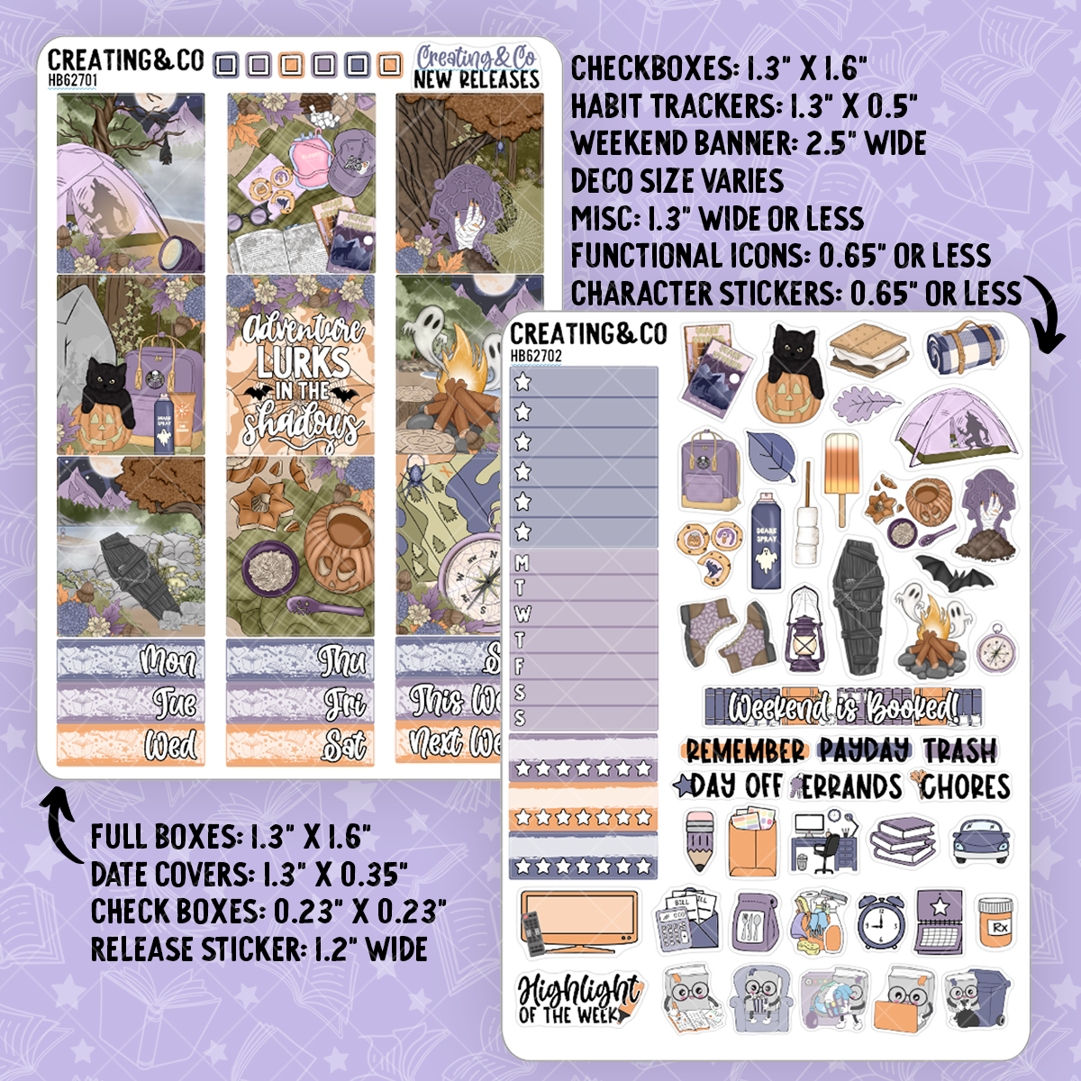 Shadow Adventure Spooky Camping Hobonichi Cousin Weekly Planner Kit - 1.3" Stickers - HB627