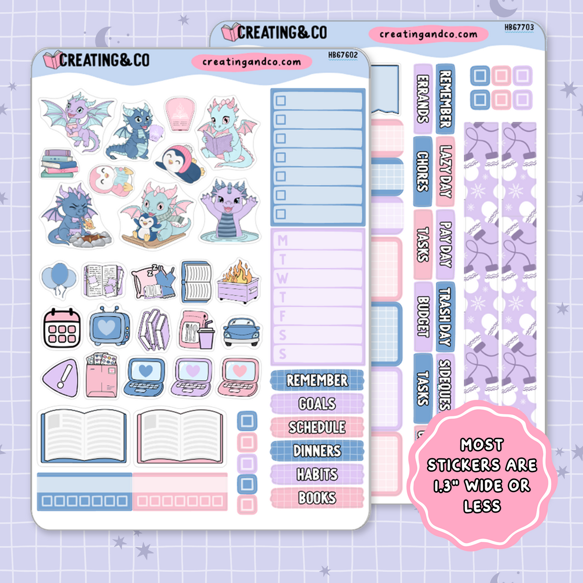 Frosted Firelight Winter Dragon Seasonal Challenge Hobonichi Cousin Weekly Planner Kit - 1.3" Stickers - HB677