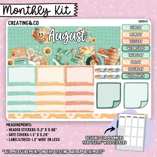 August Monthly Kit for Hobonichi Cousin + Similar Planners (1.3" Wide Stickers) - HBM049