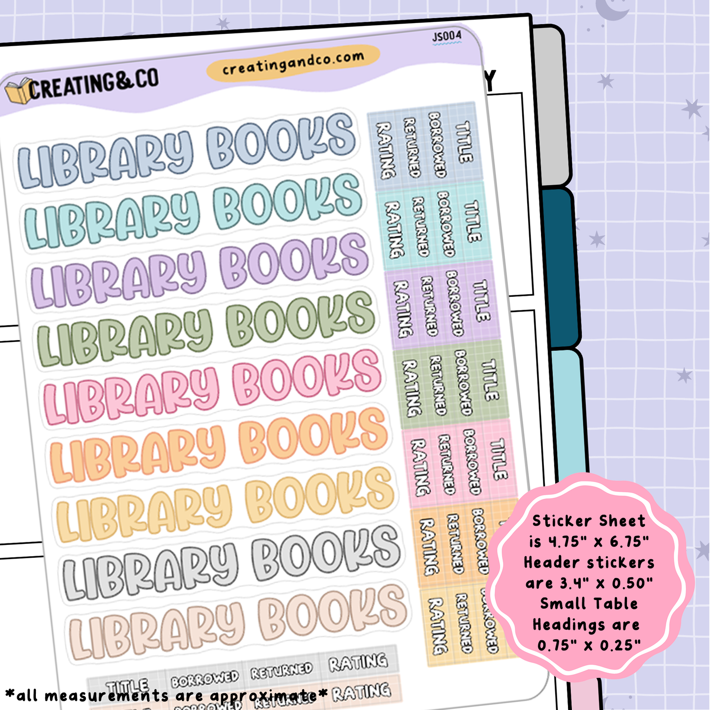 Library Books Header Stickers + Table Headings Planner Sticker Sheet - JS004
