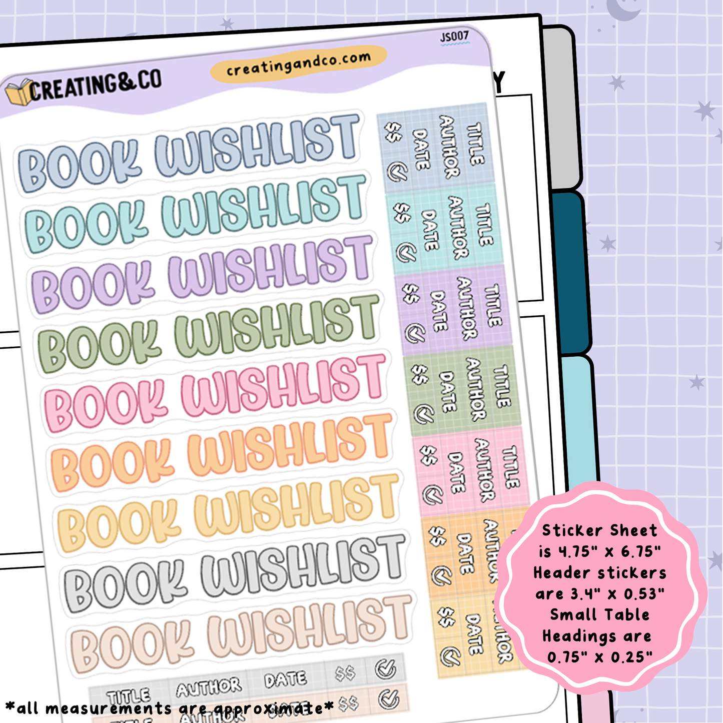 Book Wishlist Header Stickers + Table Headings Planner Sticker Sheet - JS007