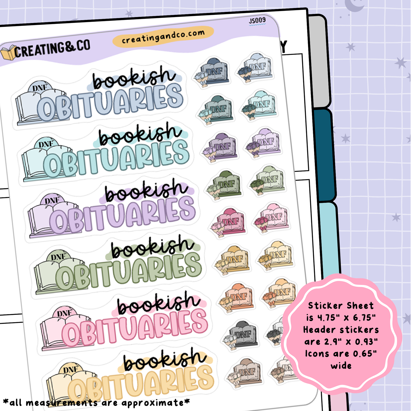 Bookish Obituaries Header Stickers + DNF Icon Planner Sticker Sheet - JS009