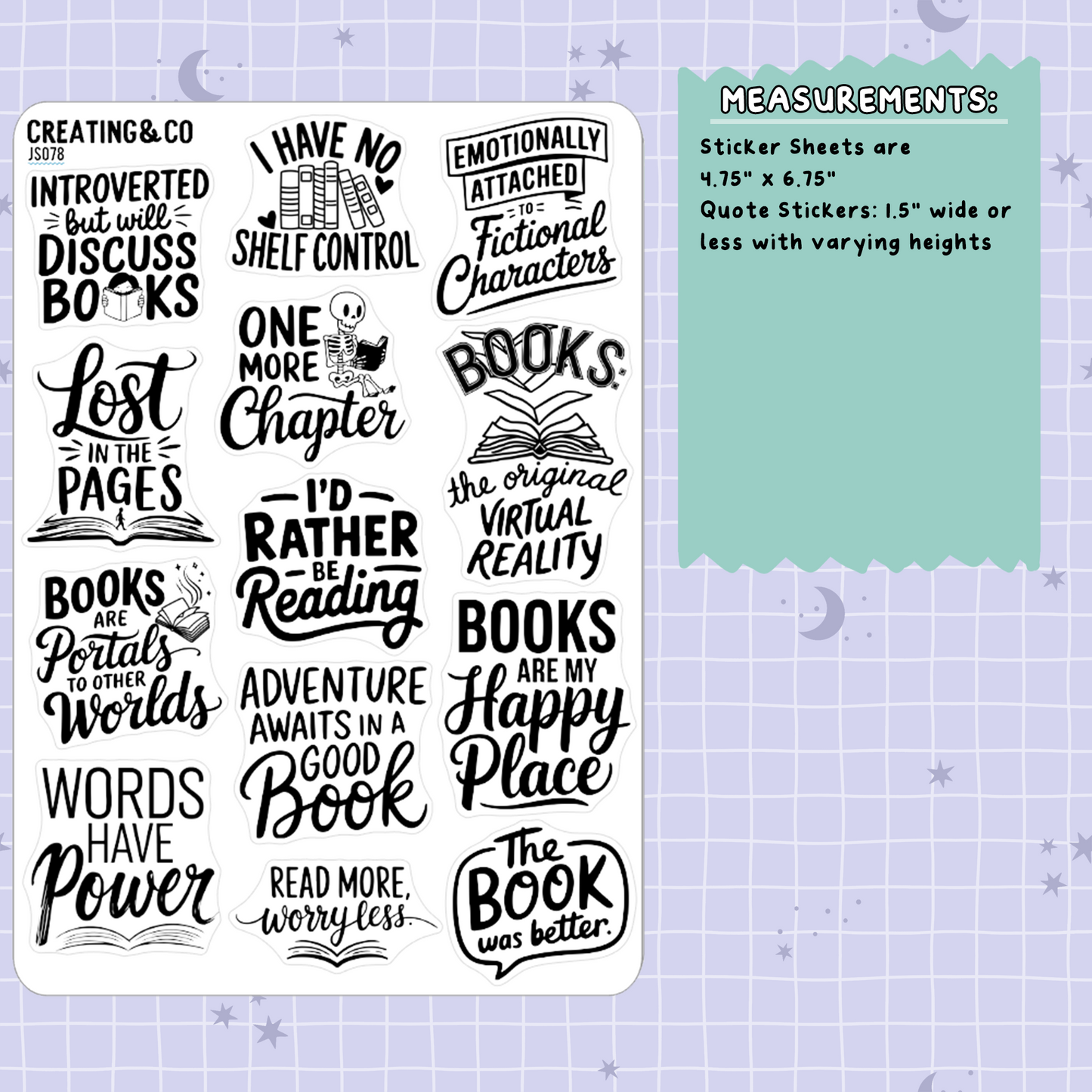 Reading Quotes Black & White Journal Functional Sticker Sheet - JS078