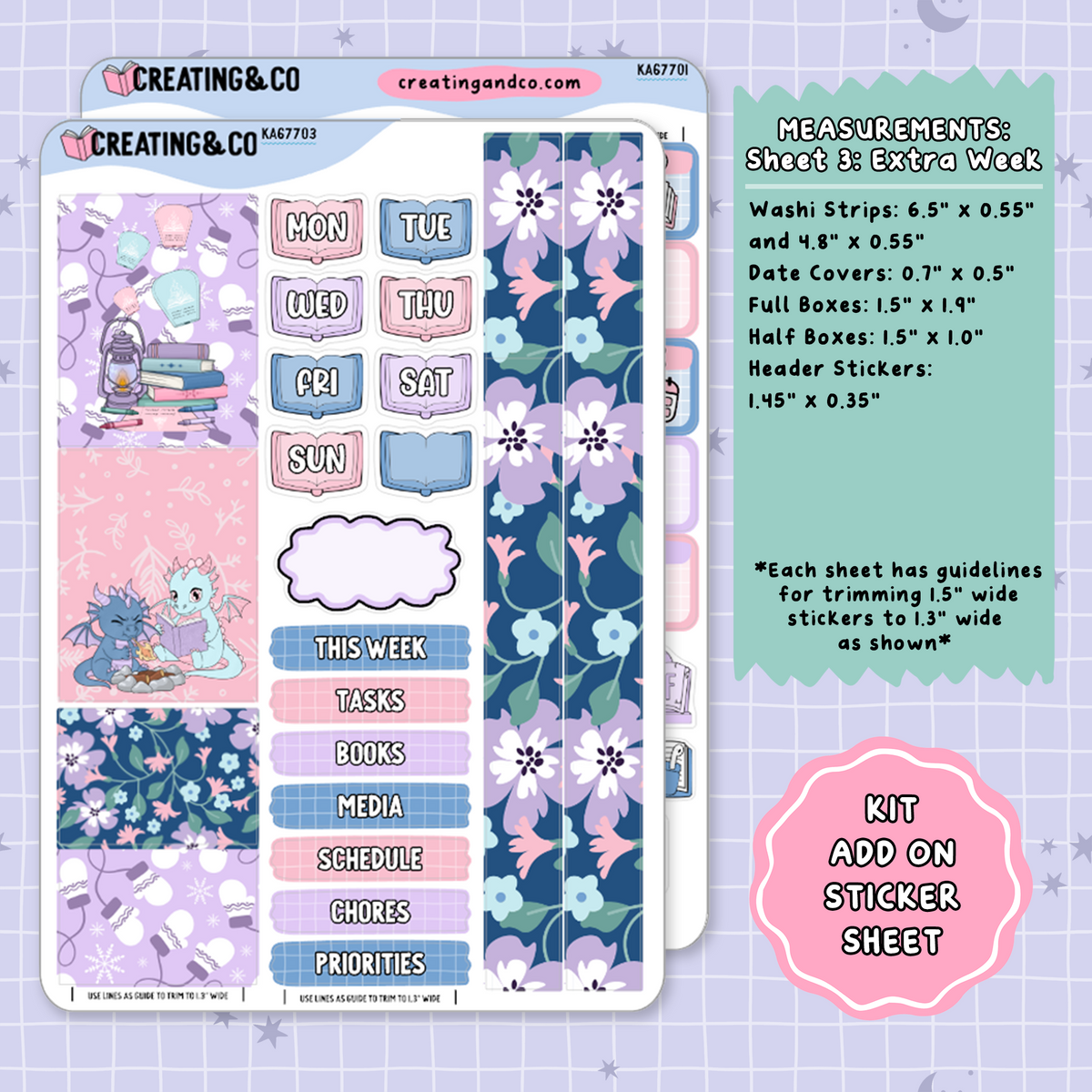 Frosted Firelight Winter Dragon Seasonal Challenge Weekly Kit Add On Planner Sticker Sheets - KA677