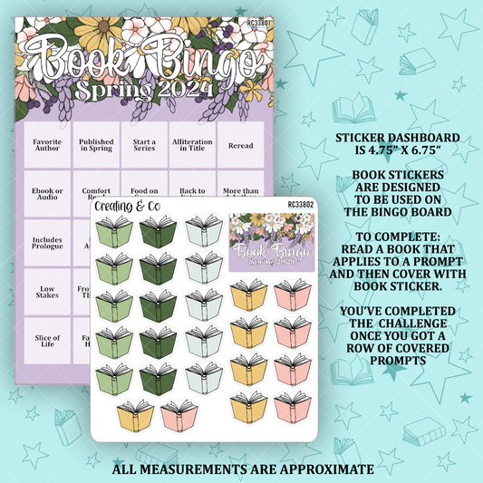 Spring Book Bingo Reading Challenge Dashboard and Sticker Trackers - RC338
