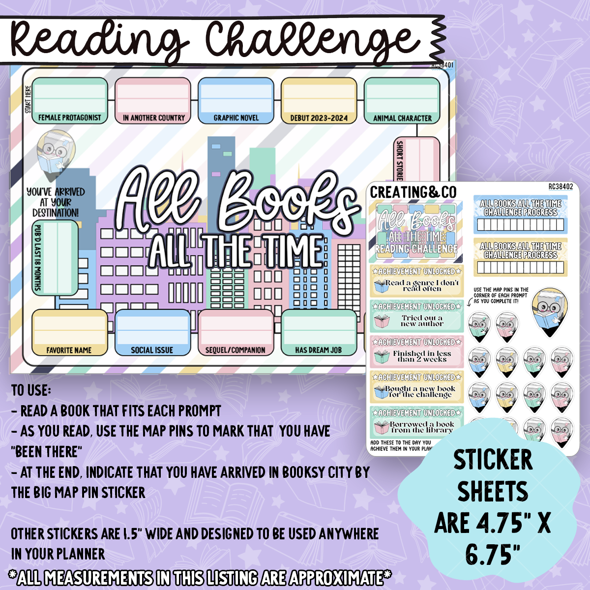 All Books All the Time 5x7 Reading Challenge Dashboard and Sticker Trackers - RC384
