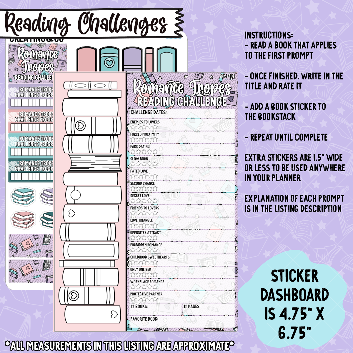 Romance Tropes Reading Challenge 5x7 Dashboard and Sticker Trackers - RC441