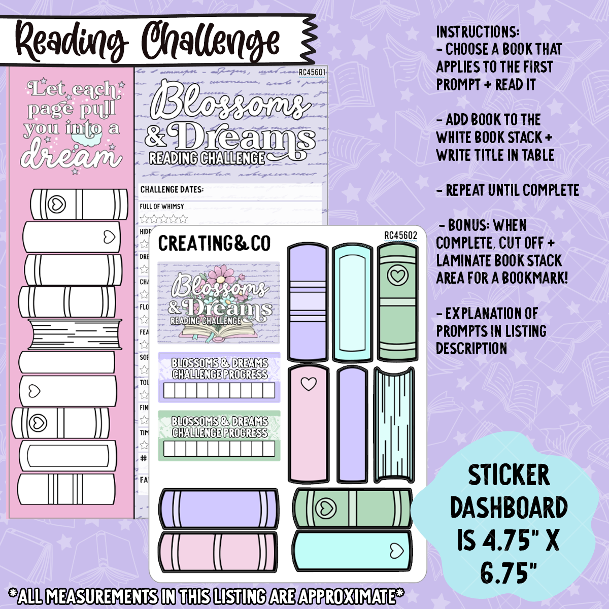 Blossoms & Dreams Bookmark Reading Challenge 5x7 Dashboard and Sticker Trackers - RC456