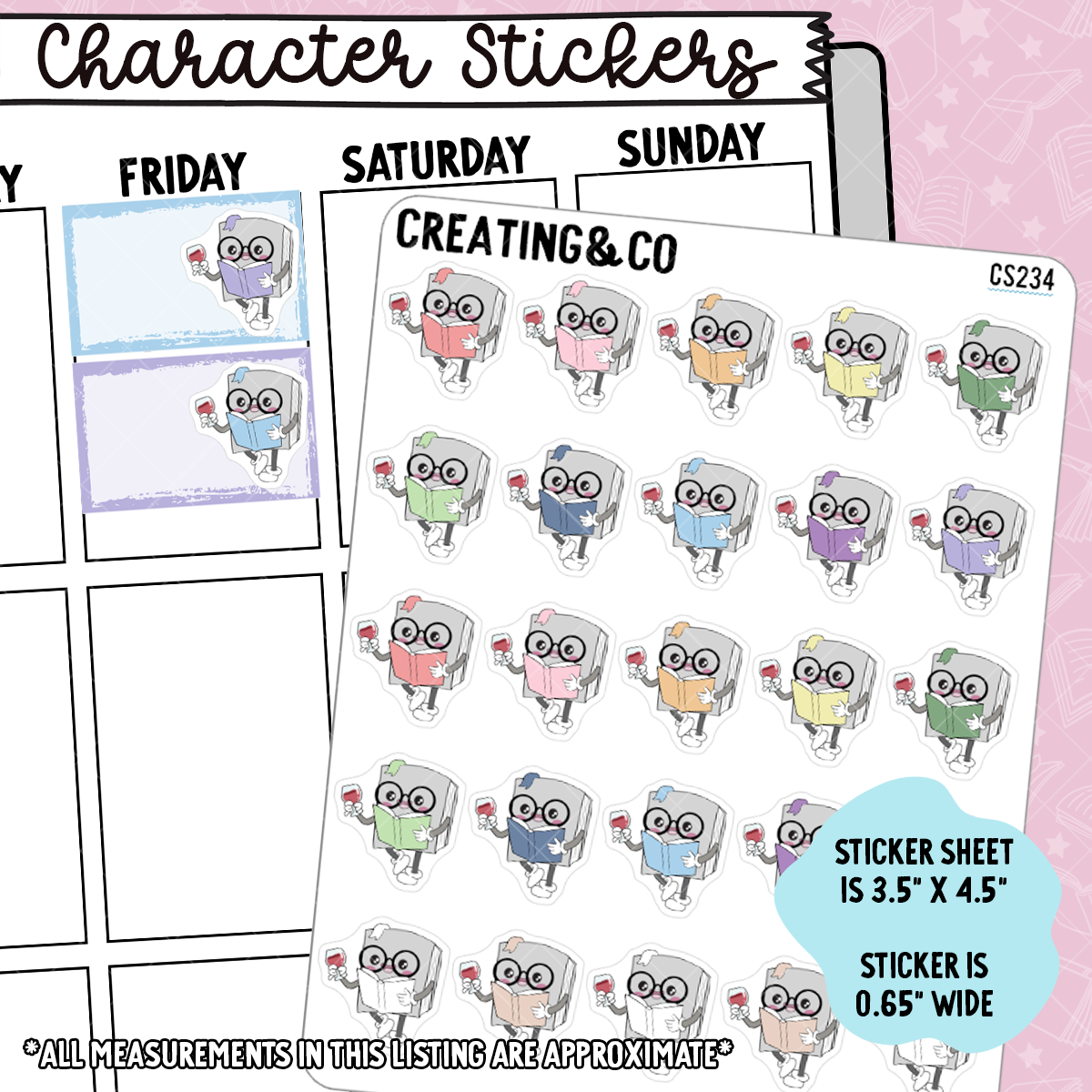 Wine Reading Booksy Character Functional Planner Stickers - CS234