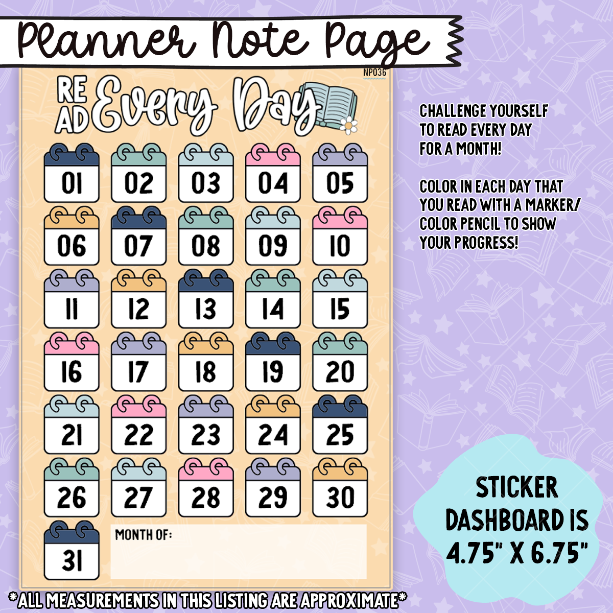 Read Every Day Habit Tracker Notes Page Sticker Dashboard - NP036