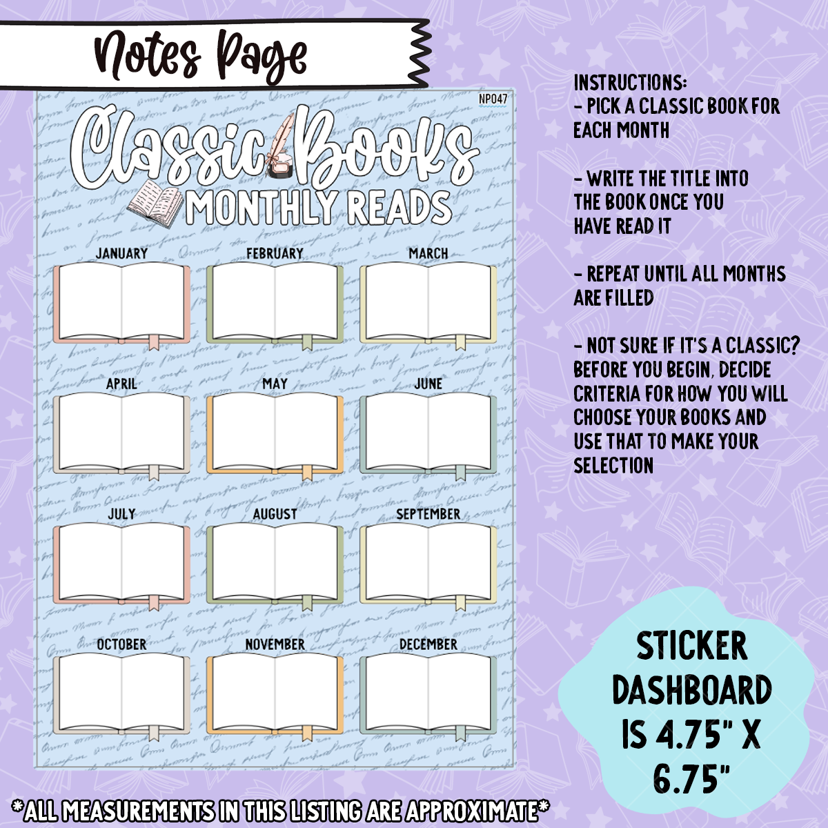 Monthly Classic Books Notes Page Sticker Dashboard - NP047