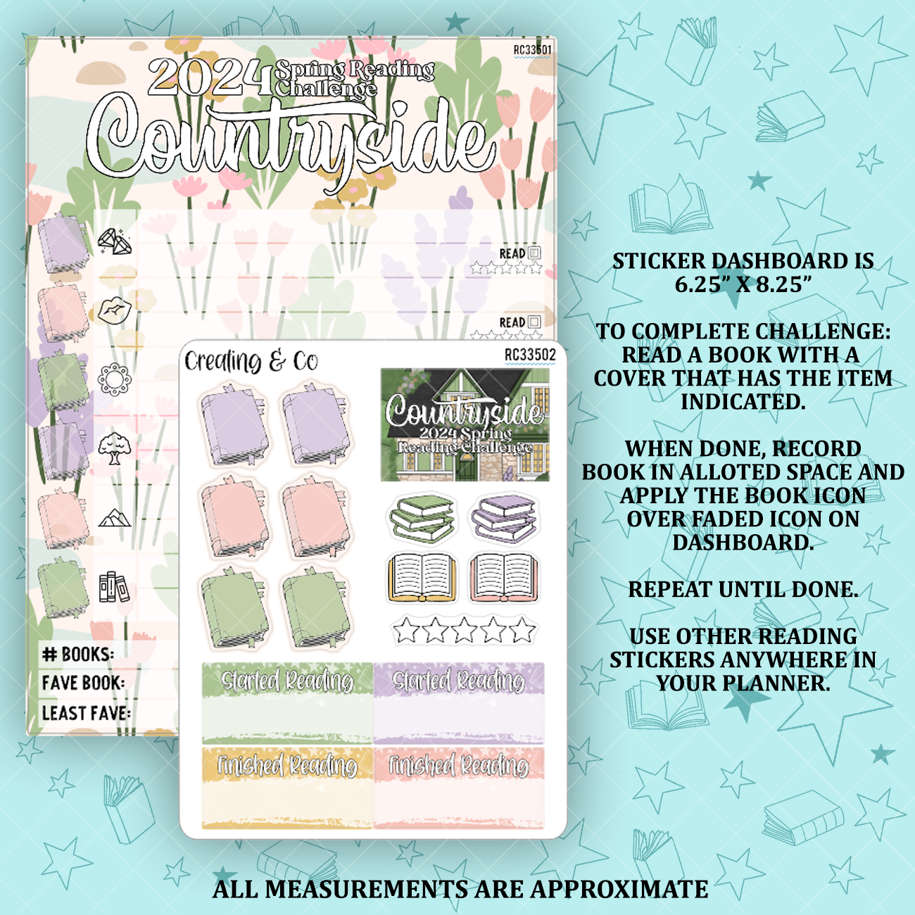 Spring Countryside Book Cover Scavenger Hunt Reading Challenge Dashboard and Sticker Trackers for 7x9 Planners - RC335