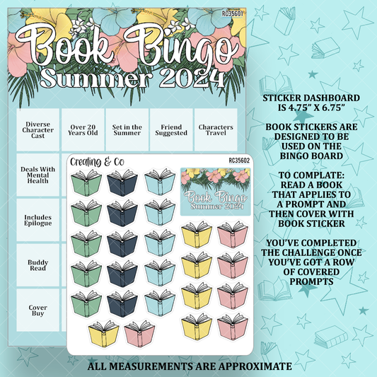 Tropical Bookcation Summer 2024 Book Bingo Reading Challenge Dashboard and Sticker Trackers - RC356