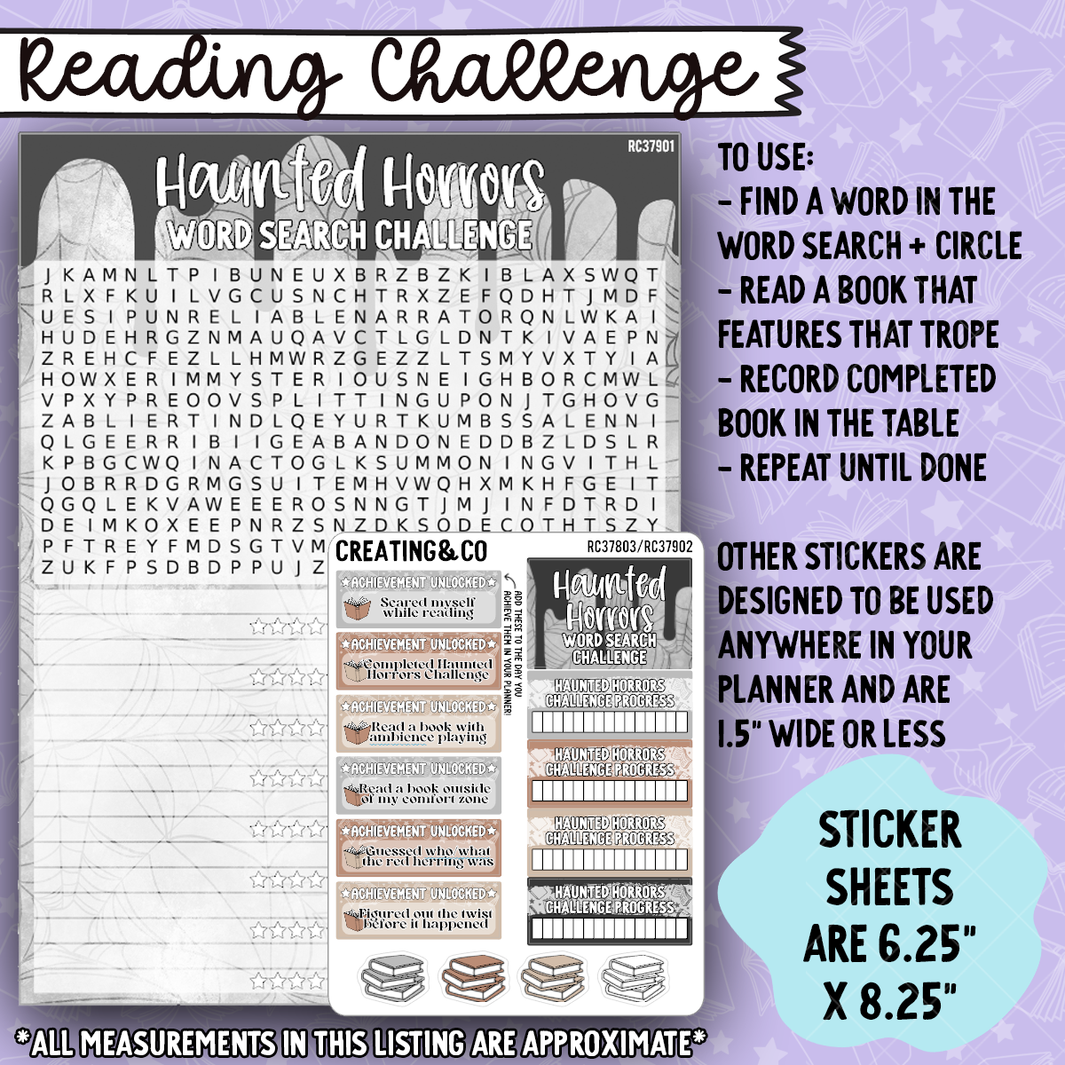 Haunted Horrors Word Search Reading Challenge Dashboard and Sticker Trackers for 7x9 Planners - RC379