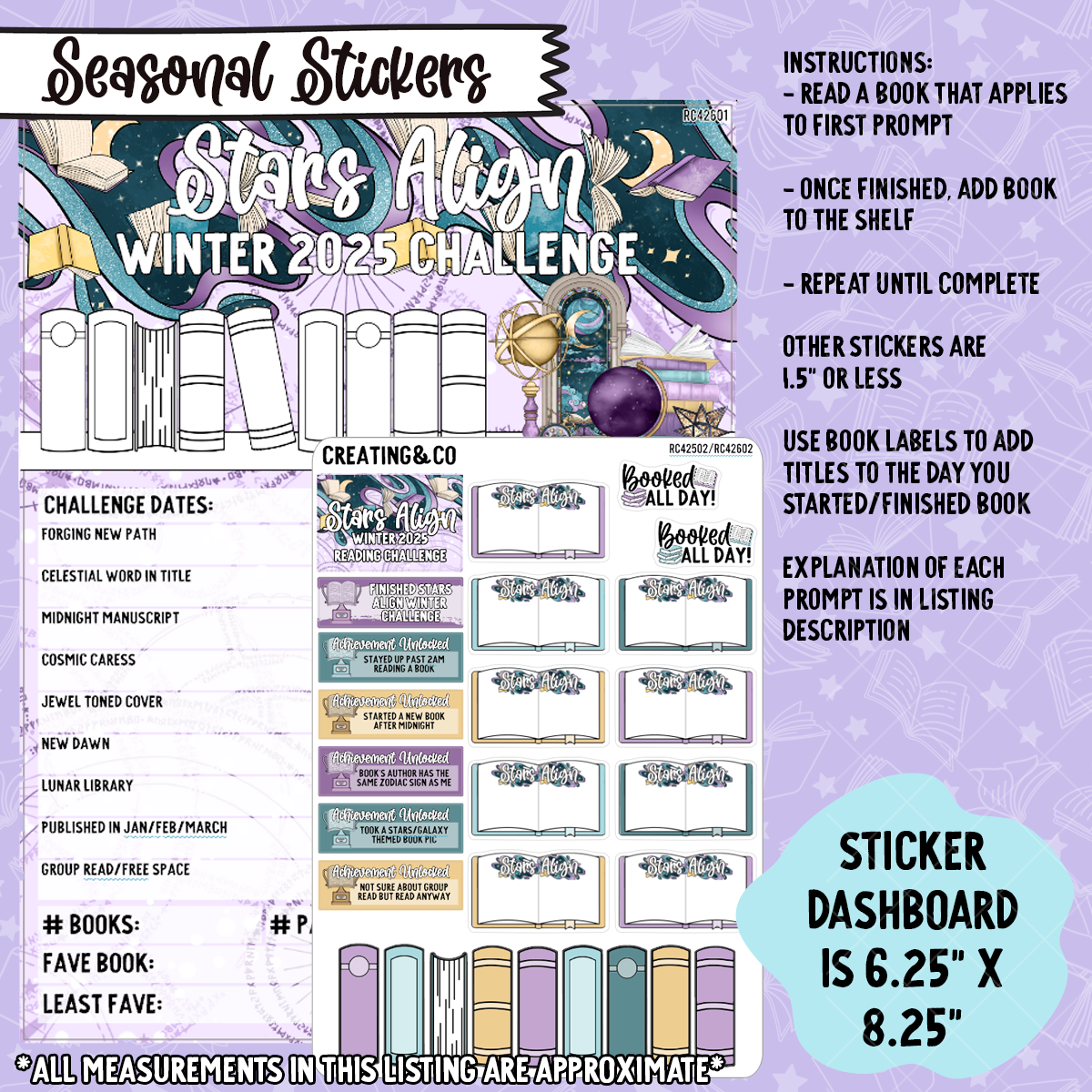 Stars Align 2025 Winter Reading Challenge Dashboard and Sticker Trackers for 7x9 Planners - RC426