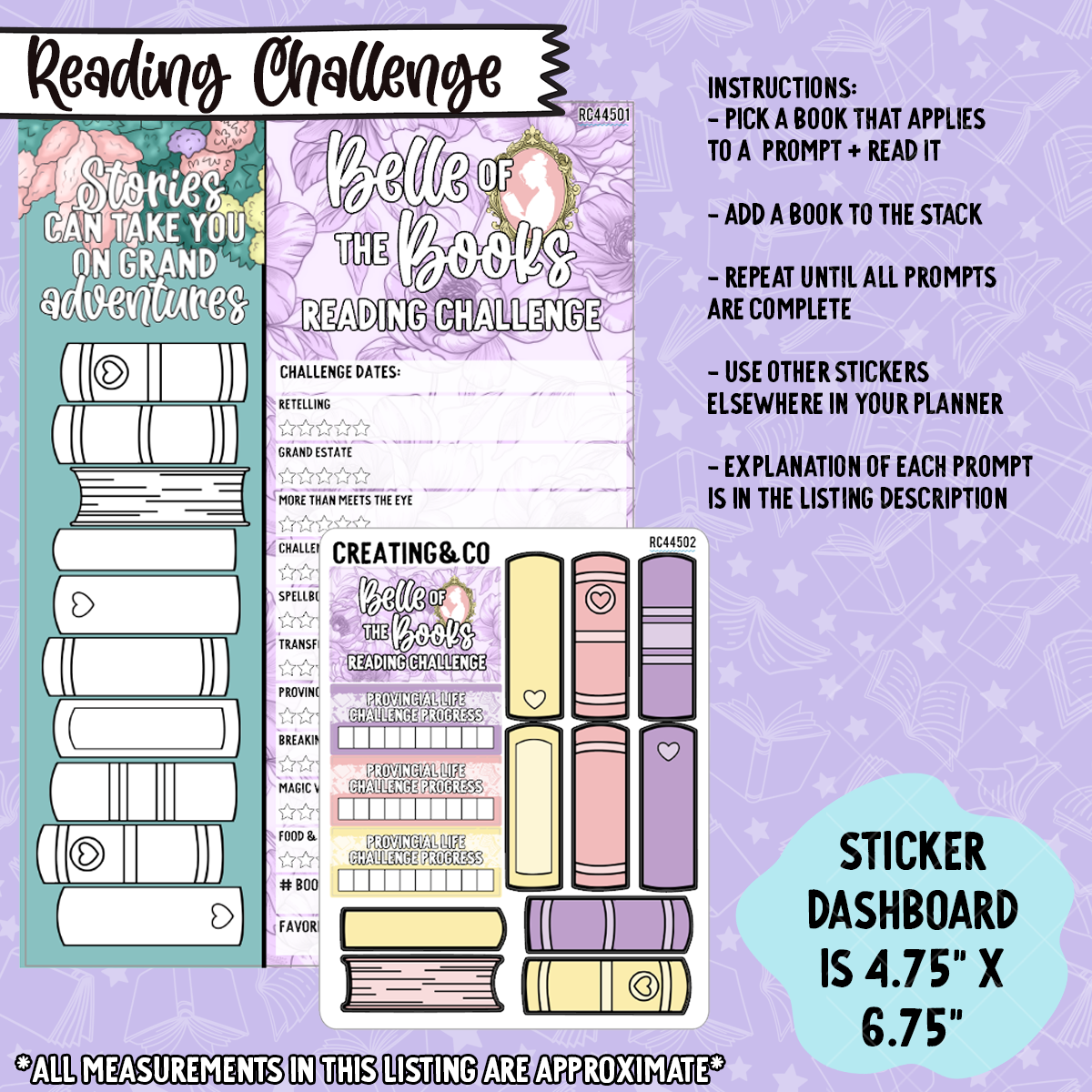 Belle of the Books Reading Challenge 5x7 Dashboard and Sticker Trackers - RC445