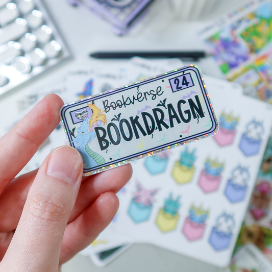 Book Dragon License Plate Glitter Vinyl Die Cut Sticker - BDLGVS