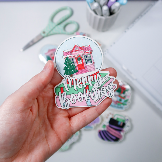 Merry Bookmas Snow Globe Vinyl Die Cut Sticker - MBSGVS