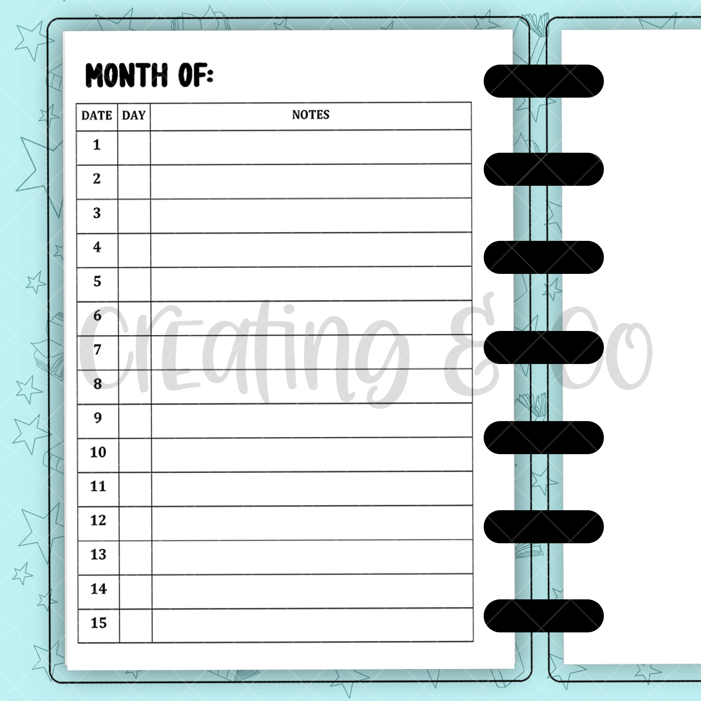 Monthly Table Insert for Build Your Own Book Journal System