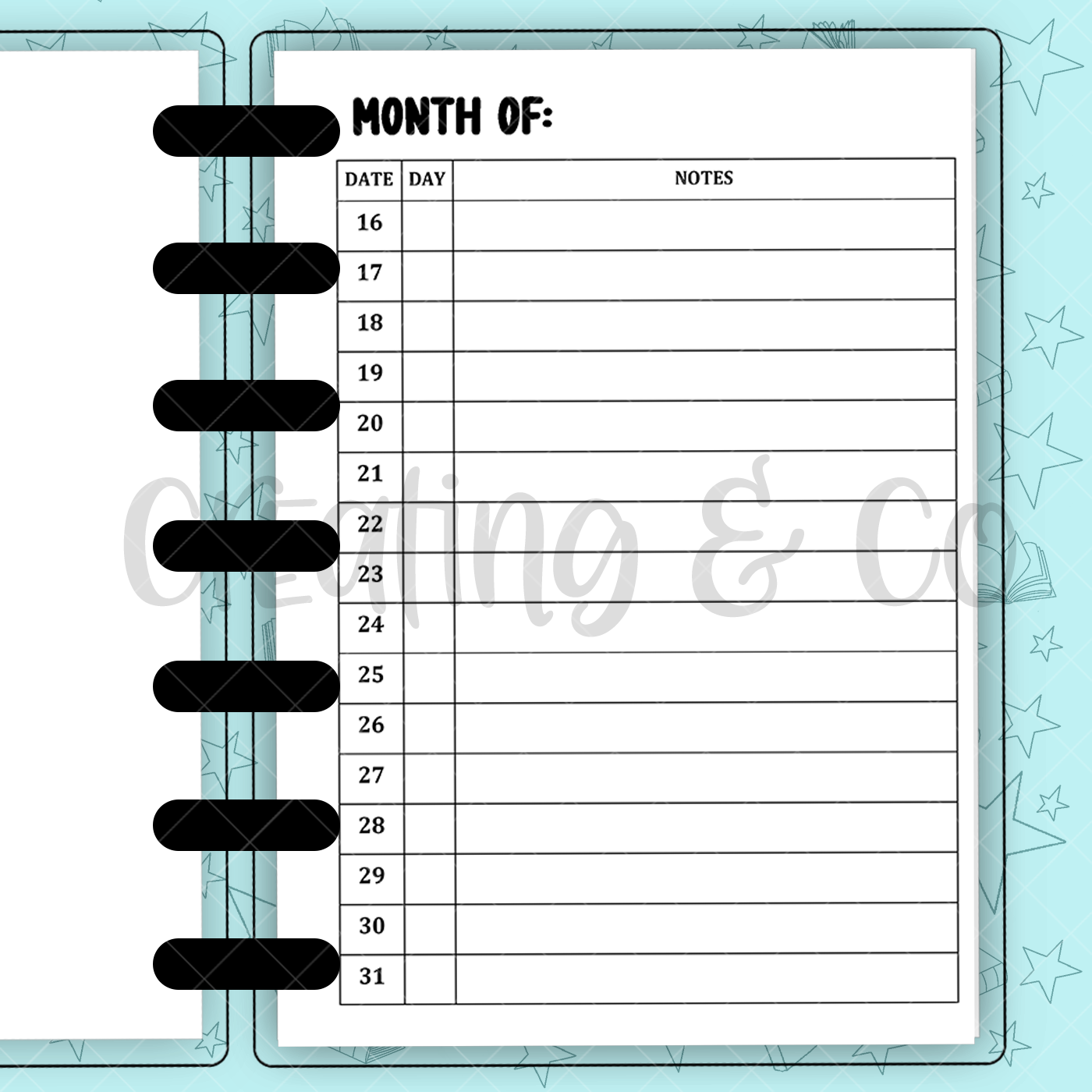 Monthly Table Insert for Build Your Own Book Journal System
