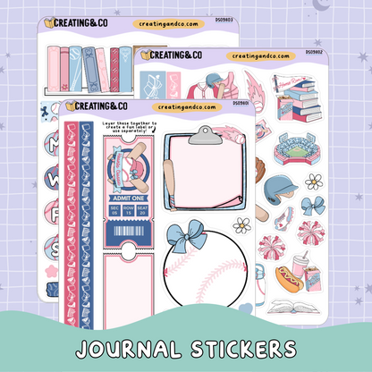 Baseball Romance Hearts Classic Decorative Journal Sticker Sheet Set - DS098