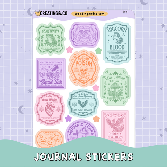 Potion & Ingredient Labels Decorative Journal Sticker Sheet Set - DS111
