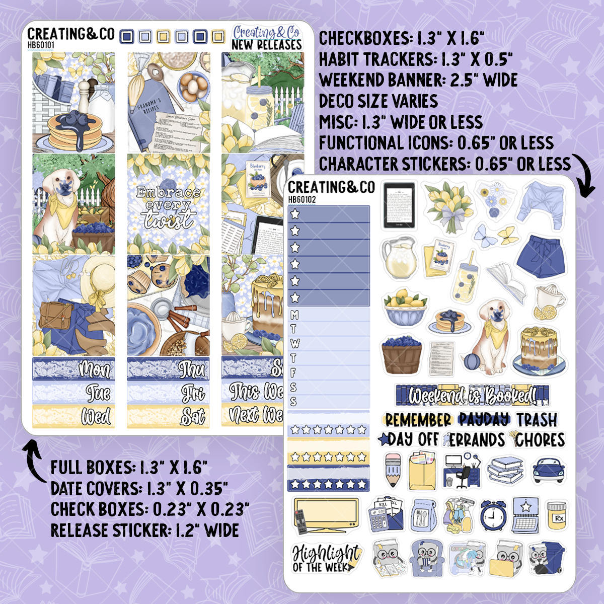 Blueberry Twist Hobonichi Cousin Weekly Planner Kit - 1.3" Stickers - HB601