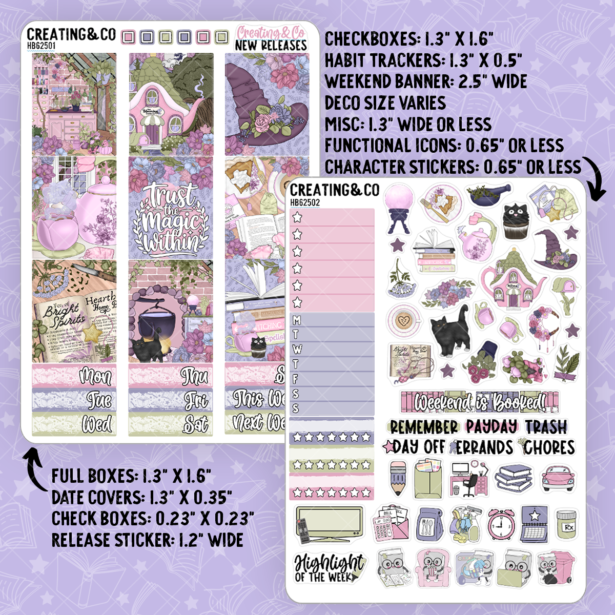 Blooming Cauldron Pastel Witch Hobonichi Cousin Weekly Planner Kit - 1.3" Stickers - HB625
