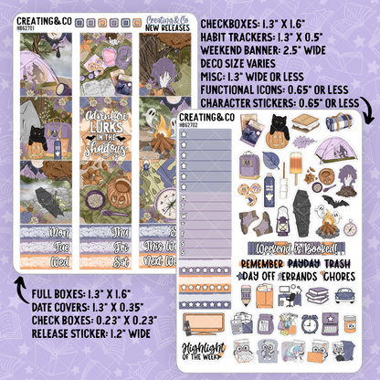 Shadow Adventure Spooky Camping Hobonichi Cousin Weekly Planner Kit - 1.3" Stickers - HB627