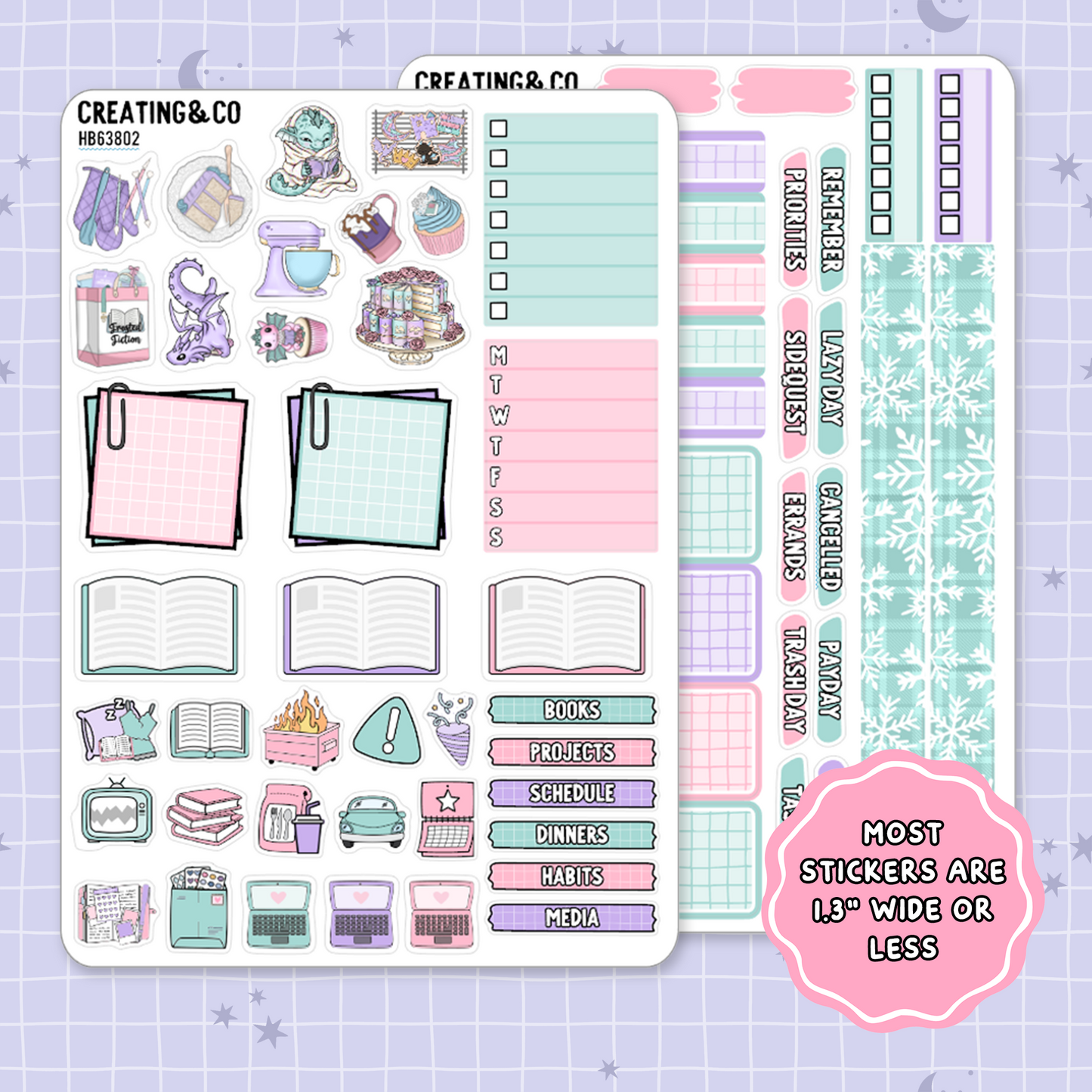 Frosted Fiction Winter Reading Challenge Hobonichi Cousin Weekly Planner Kit - 1.3" Stickers - HB638