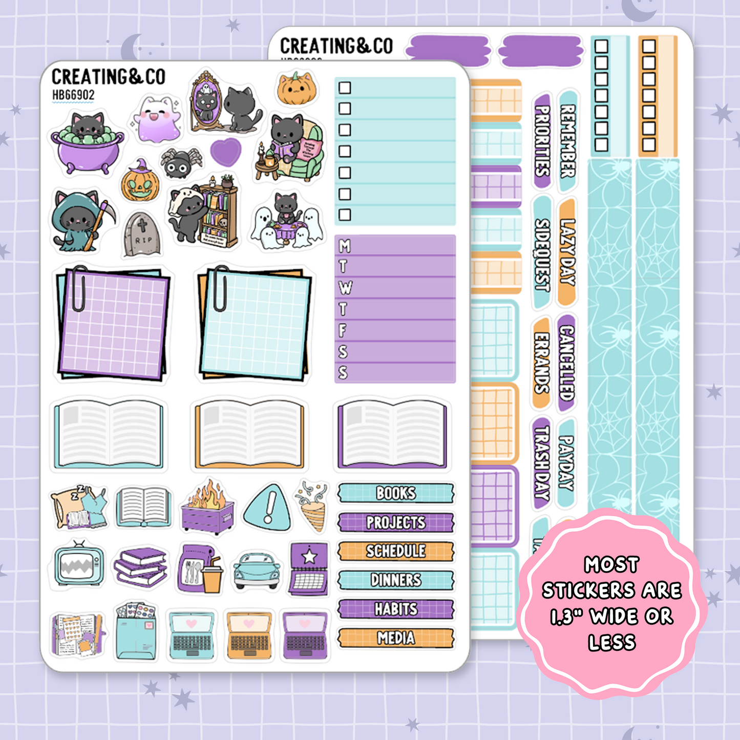 Trick or Treat Spooky Cat Hobonichi Cousin Weekly Planner Kit - 1.3" Stickers - HB669