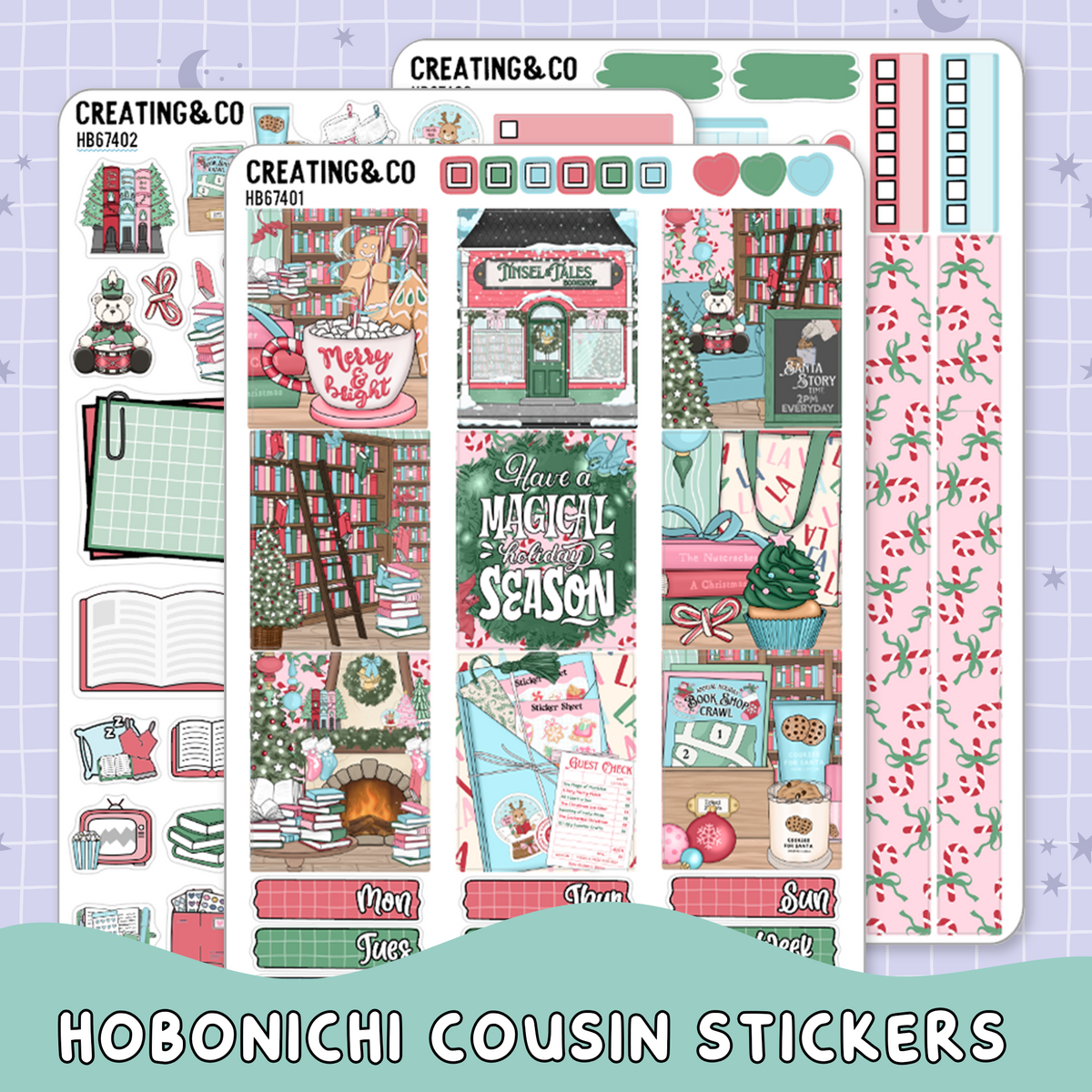 Tinsel & Tales Christmas Bookshop Hobonichi Cousin Weekly Planner Kit - 1.3" Stickers - HB674
