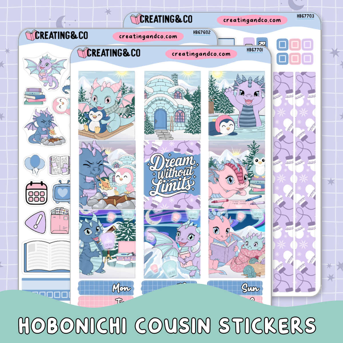Frosted Firelight Winter Dragon Seasonal Challenge Hobonichi Cousin Weekly Planner Kit - 1.3" Stickers - HB677