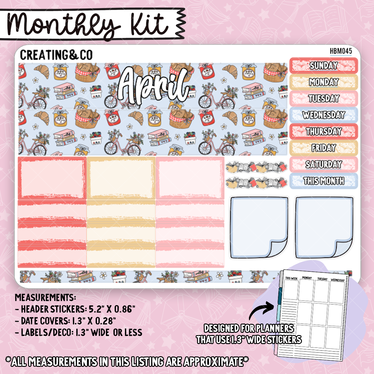 April Monthly Kit for Hobonichi Cousin + Similar Planners (1.3" Wide Stickers) - HBM045