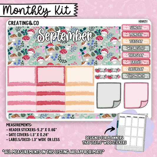 September Monthly Kit for Hobonichi Cousin + Similar Planners (1.3" Wide Stickers) - HBM051