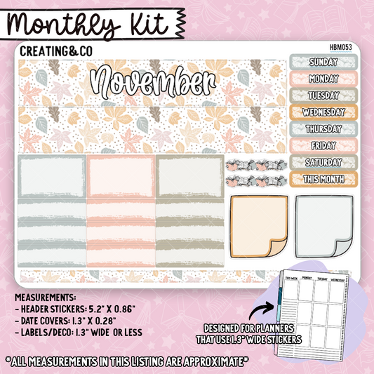 November Monthly Kit for Hobonichi Cousin + Similar Planners (1.3" Wide Stickers) - HBM053