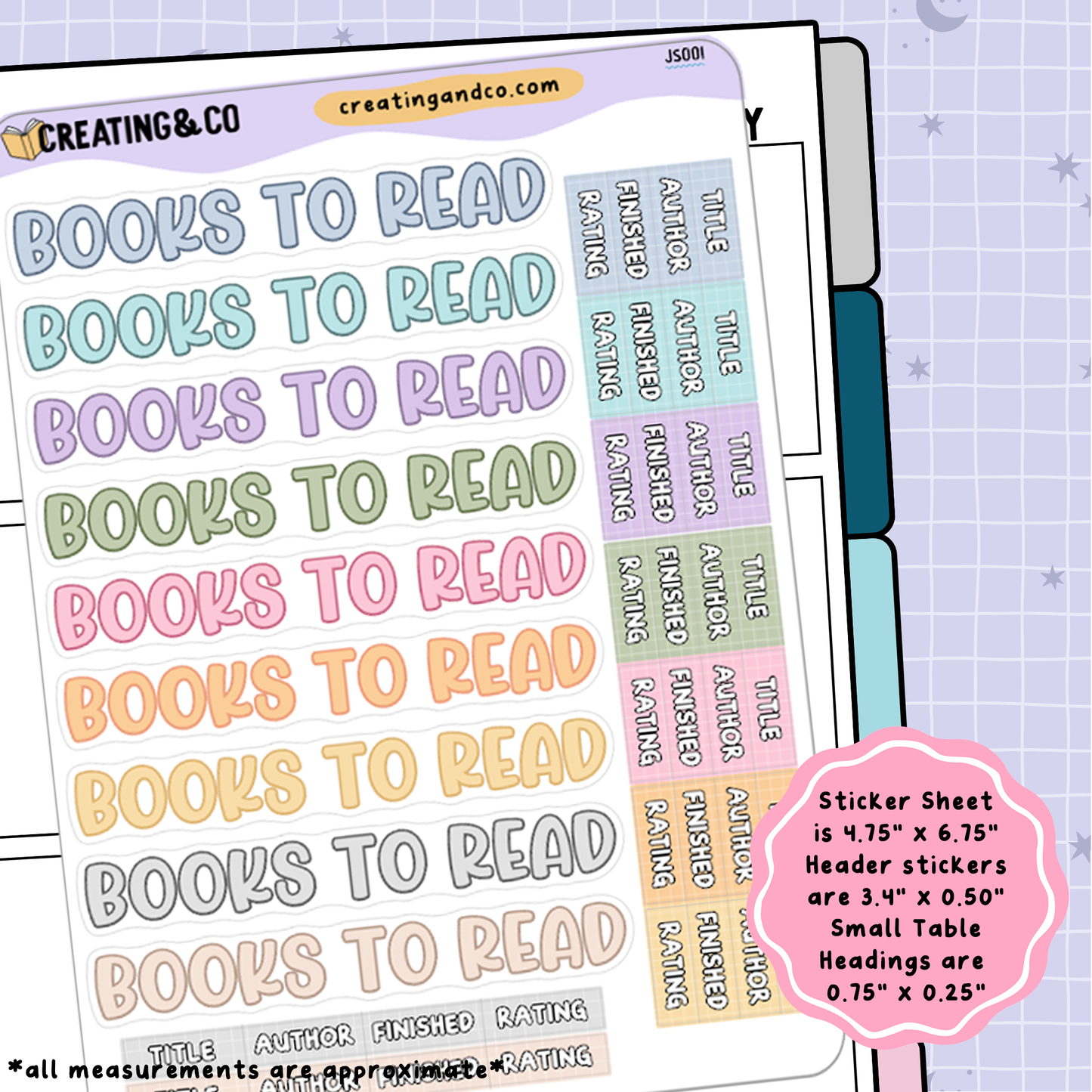 Books to Read Header Stickers + Table Headings Planner Sticker Sheet - JS001