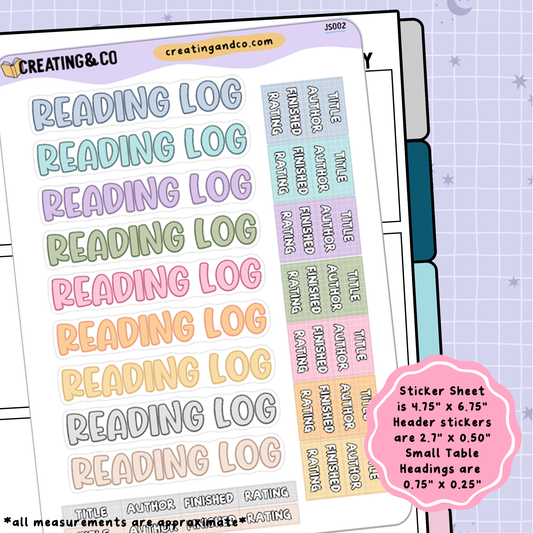 Reading Log Header Stickers + Table Headings Planner Sticker Sheet - JS002