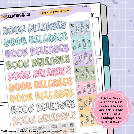 Book Releases Header Stickers + Table Headings Planner Sticker Sheet - JS003