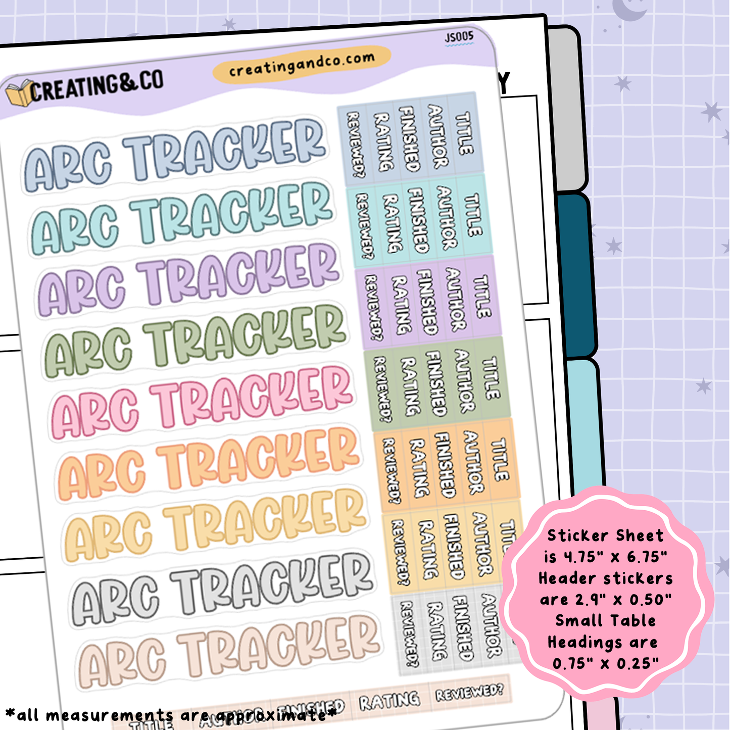 ARC Tracker Header Stickers + Table Headings Planner Sticker Sheet - JS005