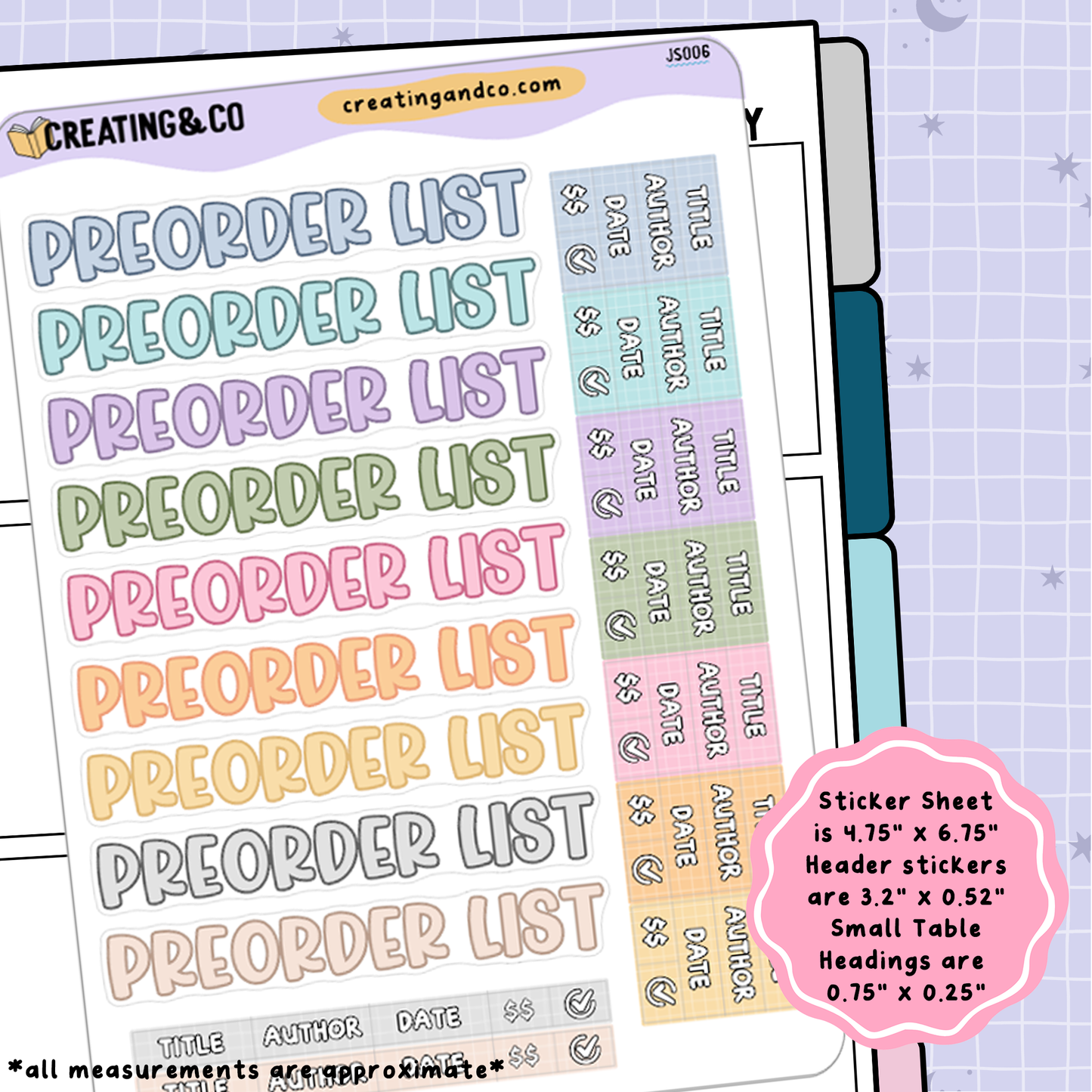 Preorder List Header Stickers + Table Headings Planner Sticker Sheet - JS006