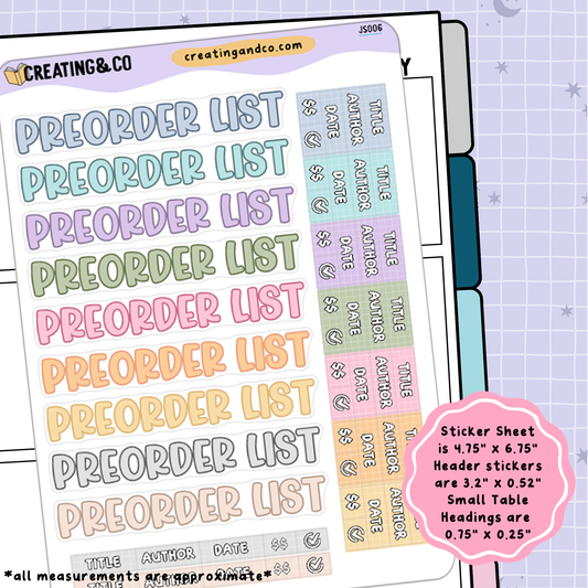 Preorder List Header Stickers + Table Headings Planner Sticker Sheet - JS006