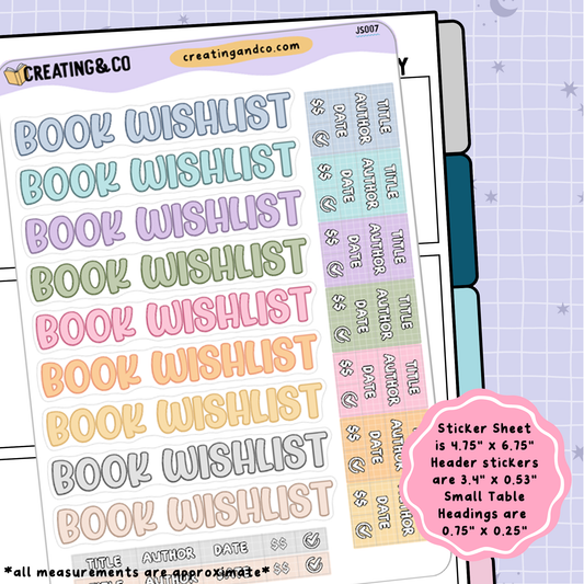Book Wishlist Header Stickers + Table Headings Planner Sticker Sheet - JS007