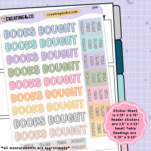 Books Bought Header Stickers + Table Headings Planner Sticker Sheet - JS008