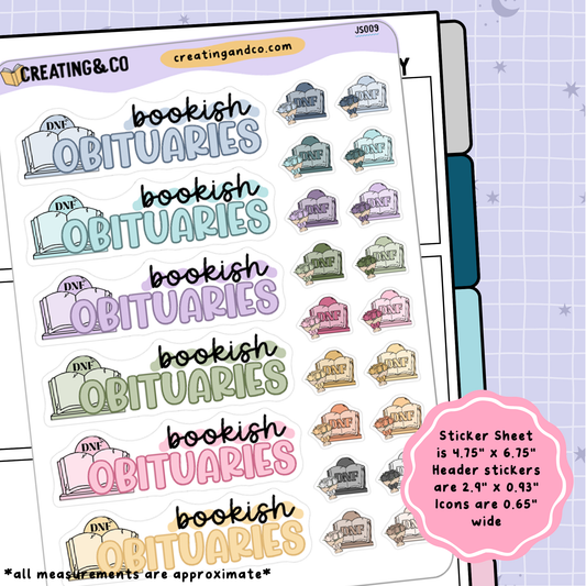 Bookish Obituaries Header Stickers + DNF Icon Planner Sticker Sheet - JS009