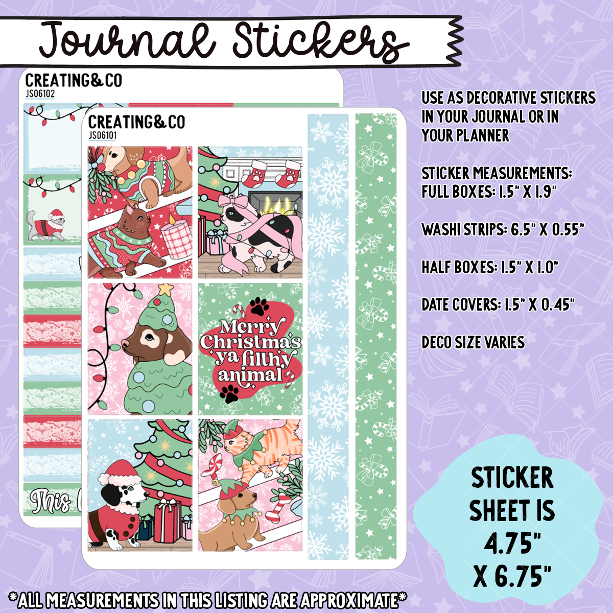 Christmas Cats & Dogs Mini Weekly Kit and Journal Stickers - JS061