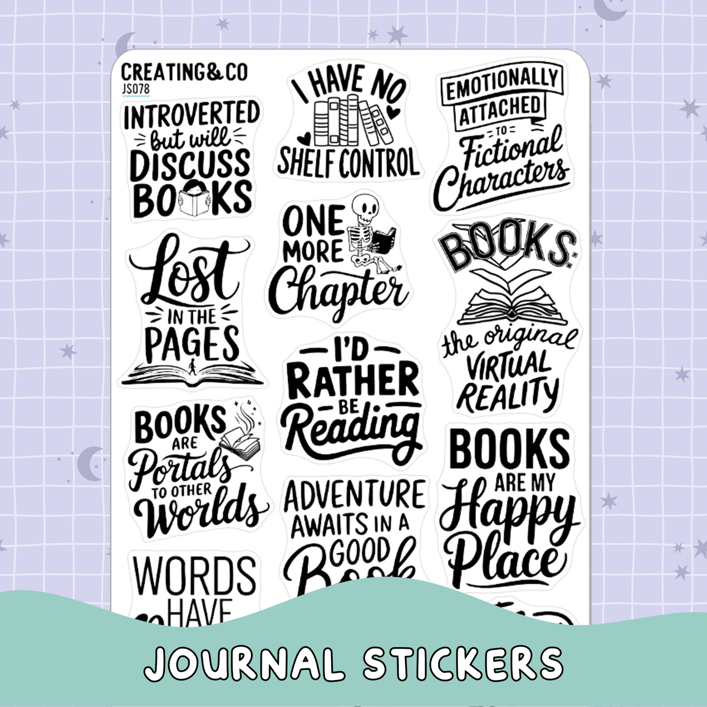 Reading Quotes Black & White Journal Functional Sticker Sheet - JS078